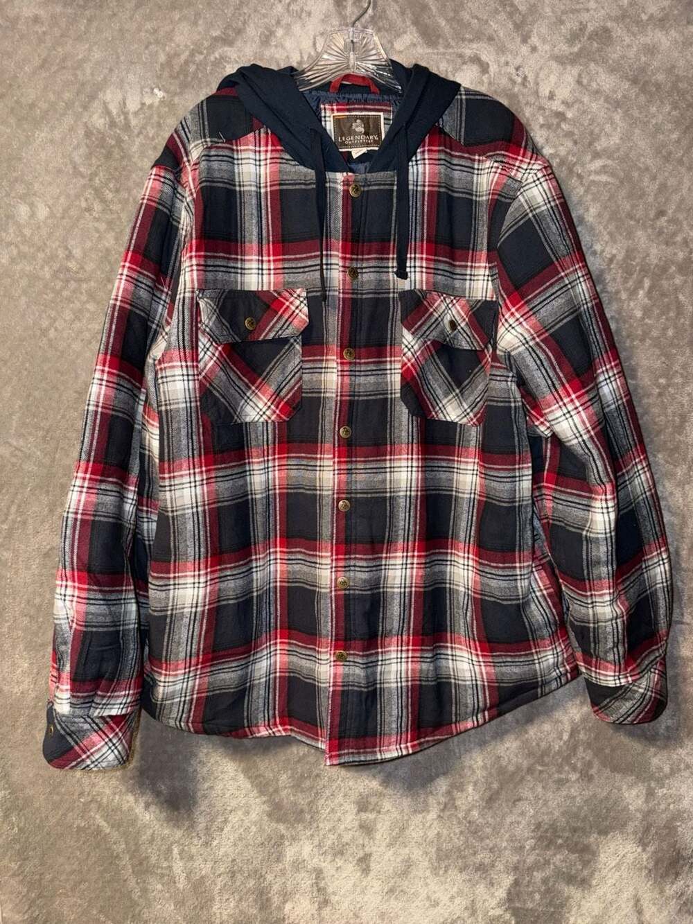 Legendary Outfitters Men's Hooded Flannel Shirt Jacket Quilted Lined Red Plaid